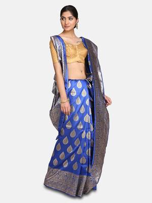 Royal Blue Jacquard Cotton Printed Saree With Blouse 4
