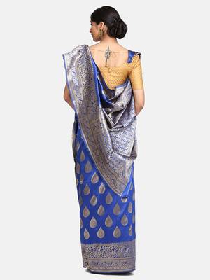 Royal Blue Jacquard Cotton Printed Saree With Blouse 5