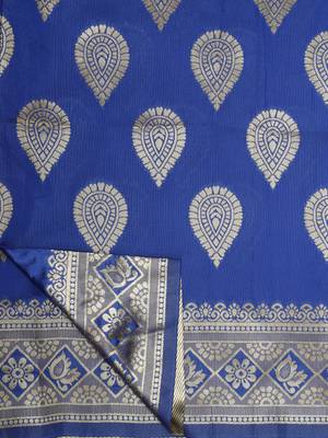 Royal Blue Jacquard Cotton Printed Saree With Blouse 6
