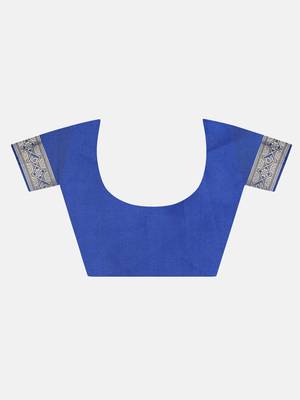 Royal Blue Jacquard Cotton Printed Saree With Blouse 7
