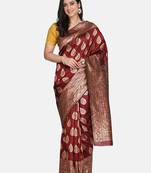 Maroon Jacquard Cotton Printed Saree With Blouse