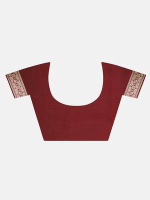 Maroon Jacquard Cotton Printed Saree With Blouse 6