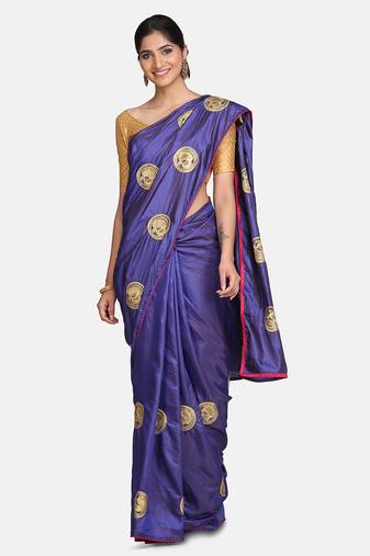 Blue Embroidered Silk Saree With Blouse