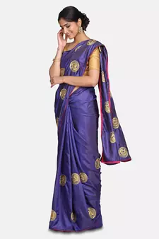 Blue Embroidered Silk Saree With Blouse