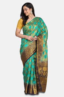 Green Printed Banarasi Silk Saree With Blouse