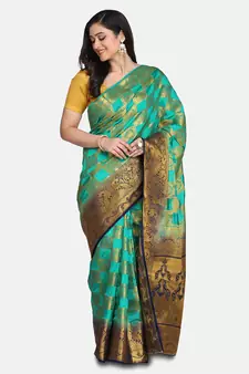 Green Printed Banarasi Silk Saree With Blouse