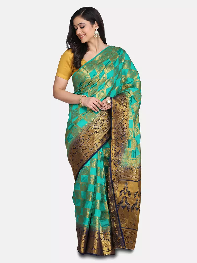 Green Printed Banarasi Silk Saree With Blouse