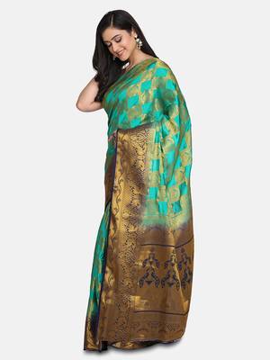 Green Printed Banarasi Silk Saree With Blouse 4