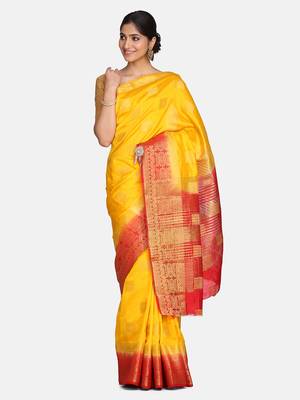 Yellow printed banarasi silk saree with blouse 3