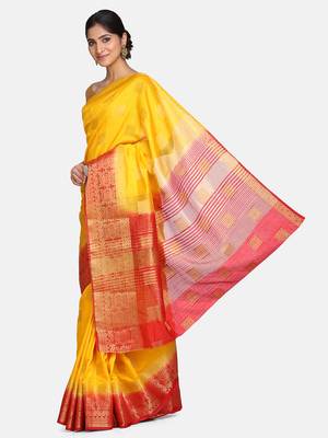Yellow printed banarasi silk saree with blouse 1