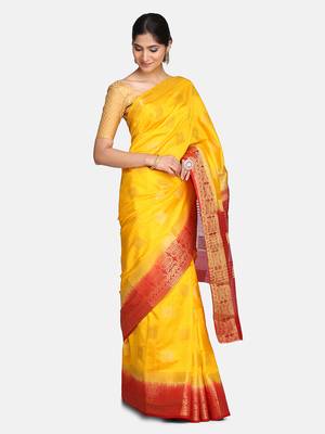 Yellow printed banarasi silk saree with blouse 4