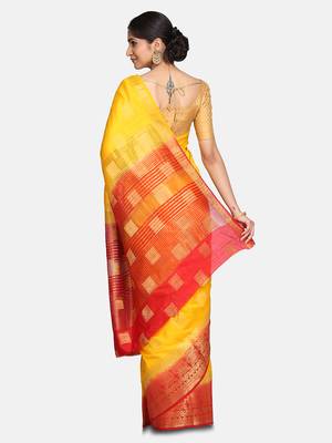 Yellow printed banarasi silk saree with blouse 5