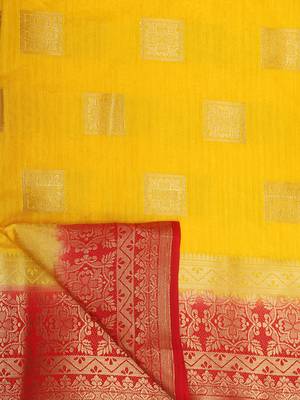 Yellow printed banarasi silk saree with blouse 6