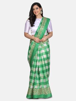 Green printed art silk saree with blouse 1