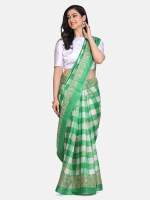 Green printed art silk saree with blouse 2