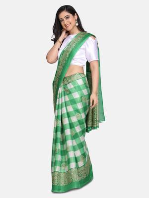 Green printed art silk saree with blouse 3