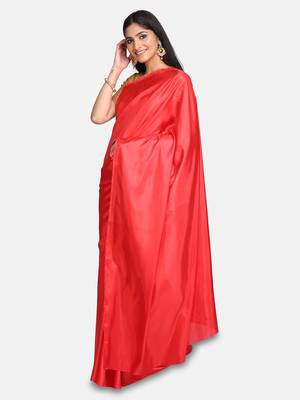 Red plain fancy fabric saree with blouse 2
