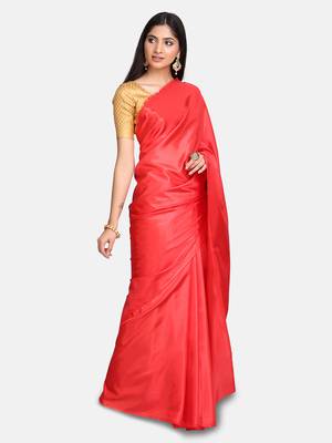 Red plain fancy fabric saree with blouse 1