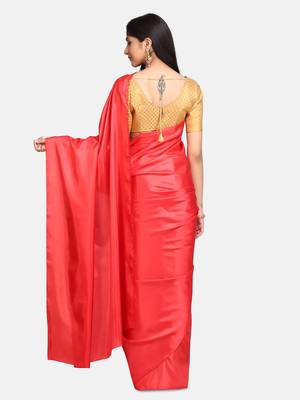 Red plain fancy fabric saree with blouse 3