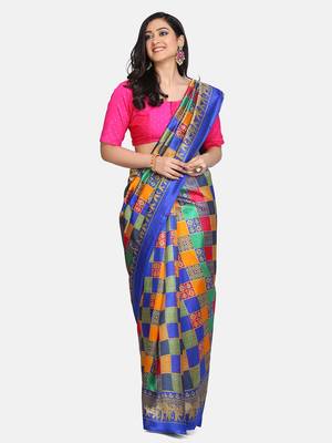 Blue printed art silk saree with blouse 1