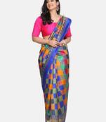 Blue printed art silk saree with blouse