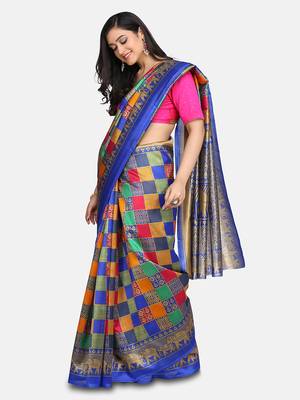 Blue printed art silk saree with blouse 2