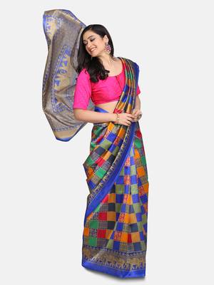 Blue printed art silk saree with blouse 3