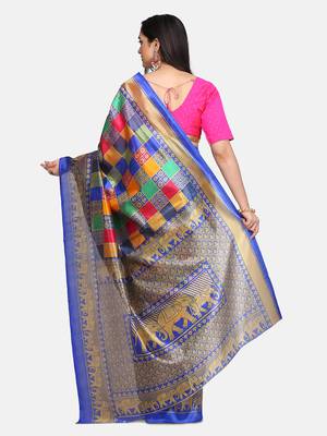 Blue printed art silk saree with blouse 4