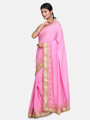 Baby Pink embroidered georgette saree with blouse 1
