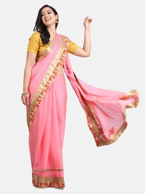 Indian women Pink Half and Half Sari Raw Silk saree with blouse 2