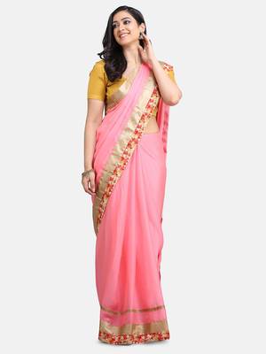 Indian women Pink Half and Half Sari Raw Silk saree with blouse 1