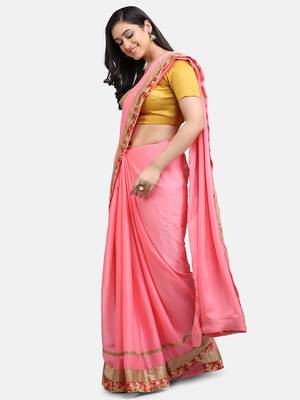 Indian women Pink Half and Half Sari Raw Silk saree with blouse 3