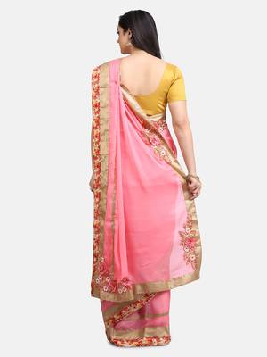 Indian women Pink Half and Half Sari Raw Silk saree with blouse 4