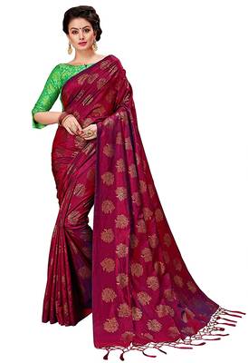Wine printed art silk blend saree with blouse 2