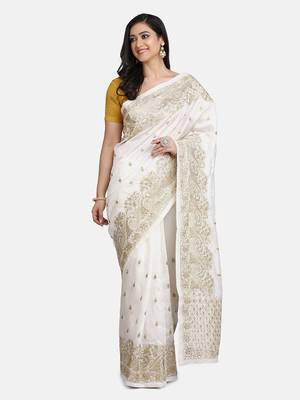 White embroidered art silk saree with blouse 1