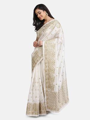 White embroidered art silk saree with blouse 2