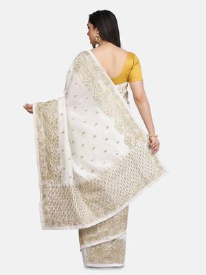 White embroidered art silk saree with blouse 3