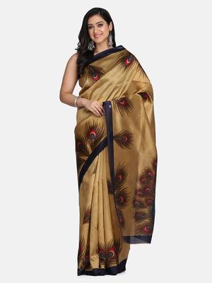 beige printed art silk saree with blouse 2