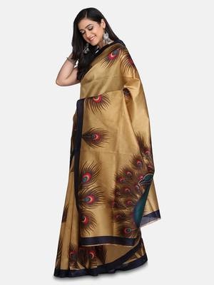 beige printed art silk saree with blouse 3