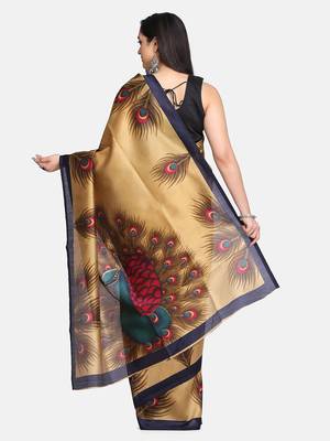 beige printed art silk saree with blouse 4