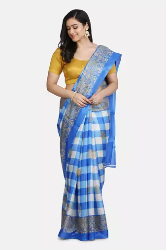 Blue Printed Art Silk Saree With Blouse