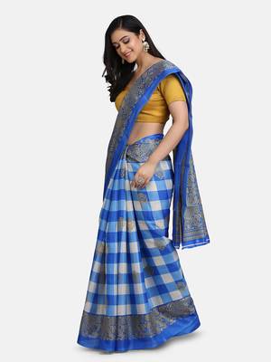 Blue Printed Art Silk Saree With Blouse 2