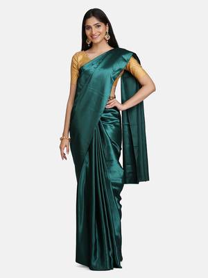 green plain Satin saree with blouse 1