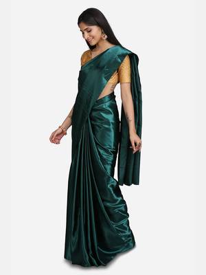 green plain Satin saree with blouse 2