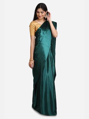 green plain Satin saree with blouse 3