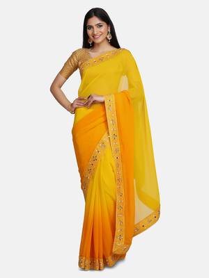 Yellow Mirror Work Georgette Saree With Blouse For Women 2