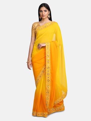 Yellow Mirror Work Georgette Saree With Blouse For Women 1