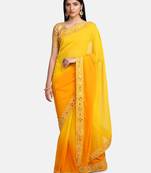 Yellow Mirror Work Georgette Saree With Blouse For Women
