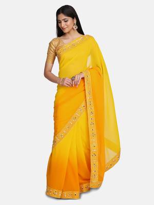Yellow Mirror Work Georgette Saree With Blouse For Women 3