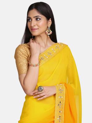 Yellow Mirror Work Georgette Saree With Blouse For Women 4